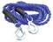 A blue towing rope with two metal hooks, suitable for pulling vehicles.