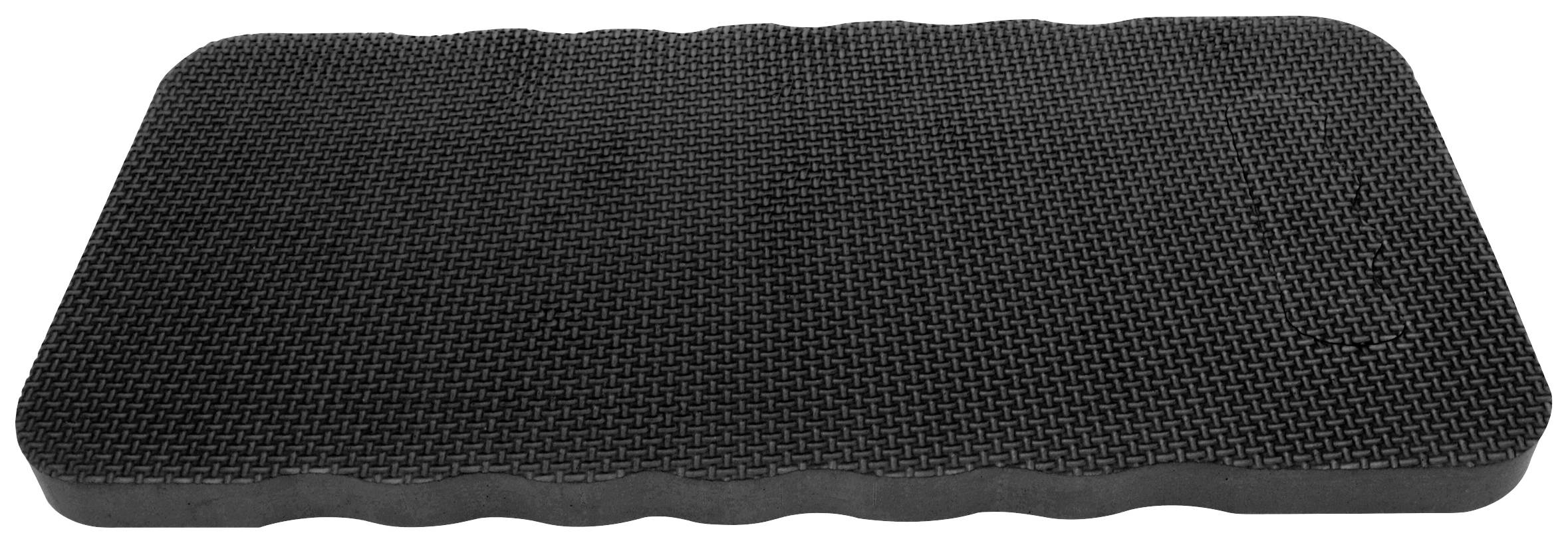 Rectangular, black anti-fatigue mat with a wavy edge and textured surface. Suitable for standing during prolonged work.