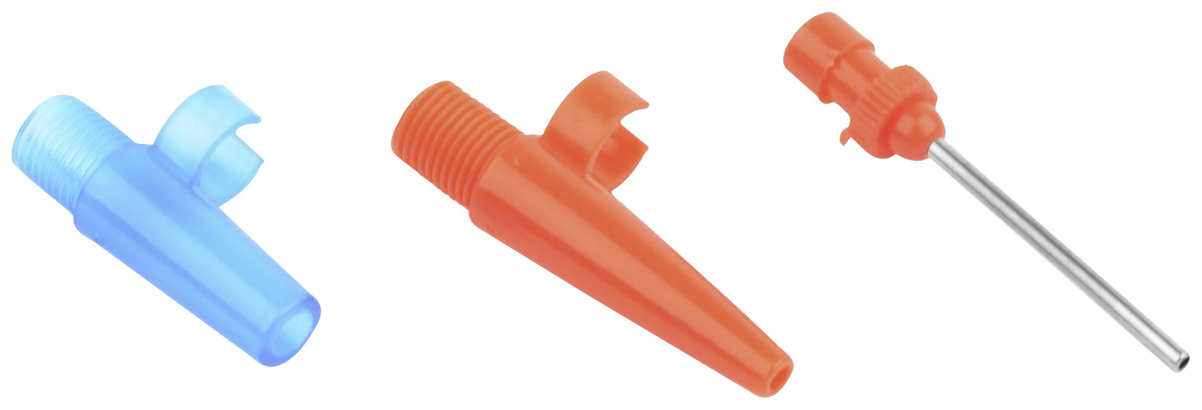 Three plastic attachments, two blue and one red, with different shapes. The red attachment contains a metal tube.