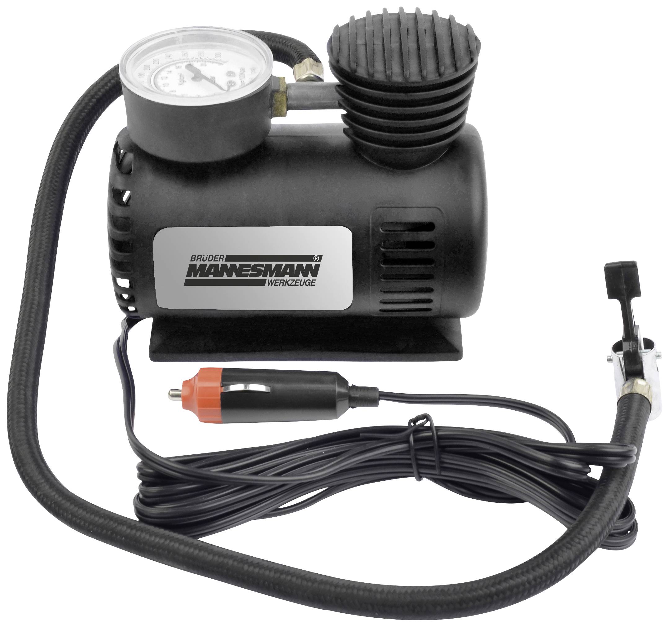 Portable air compressor with pressure gauge and cigarette lighter plug, used for inflating car tyres.