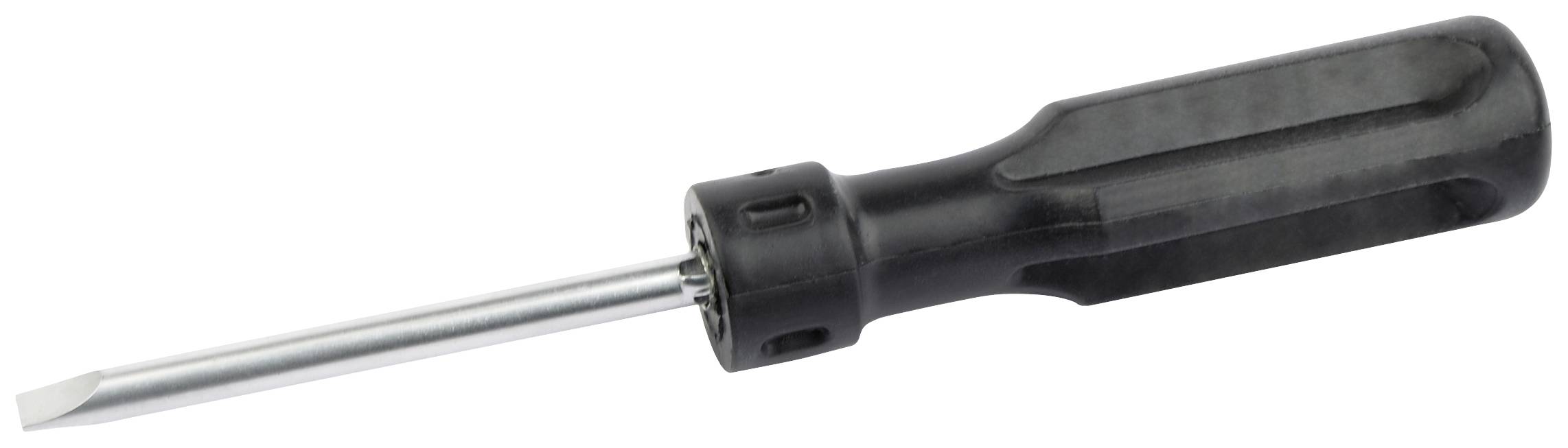 Screwdriver with a flat blade and black plastic handle, positioned horizontally.