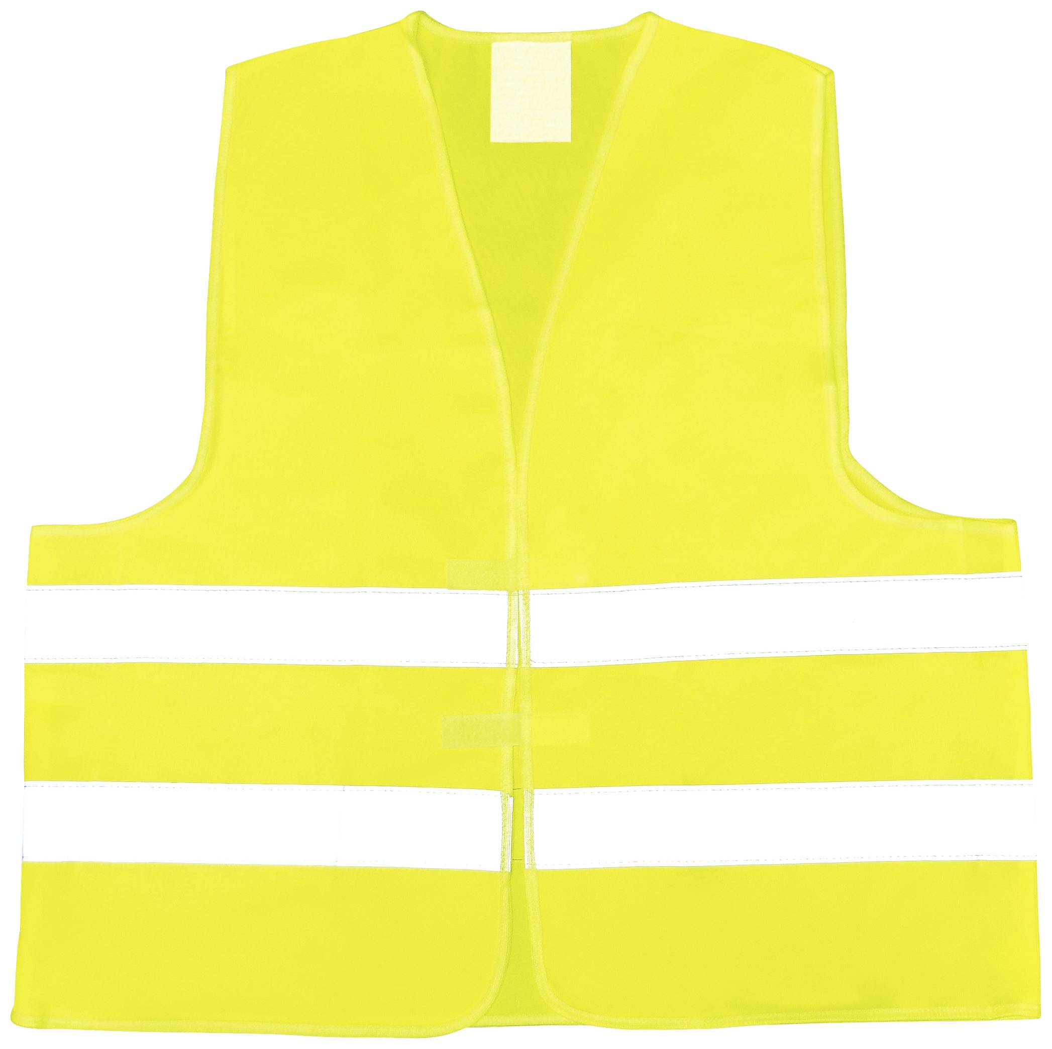 A yellow high-visibility vest with two reflective strips, often used for road safety.