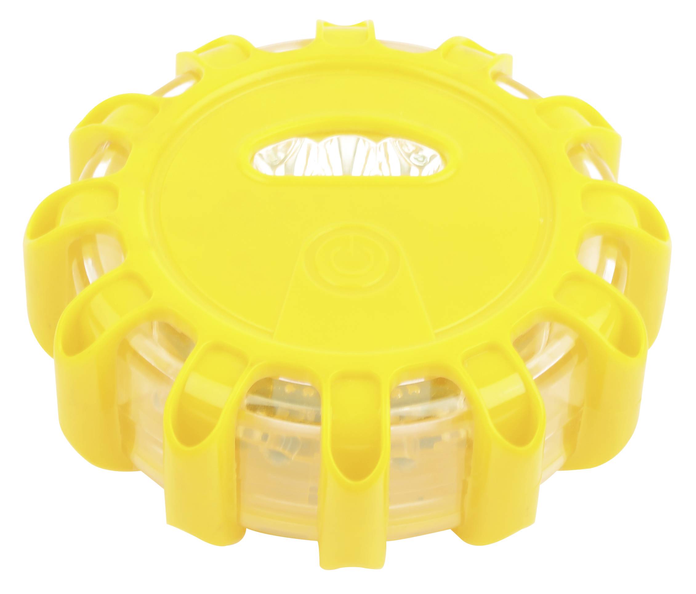 Yellow, round safety light with handle and viewing window. Ideal for emergency situations to increase visibility.