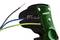 A wire stripper grips two blue and one yellow cable, with a green handle surface.