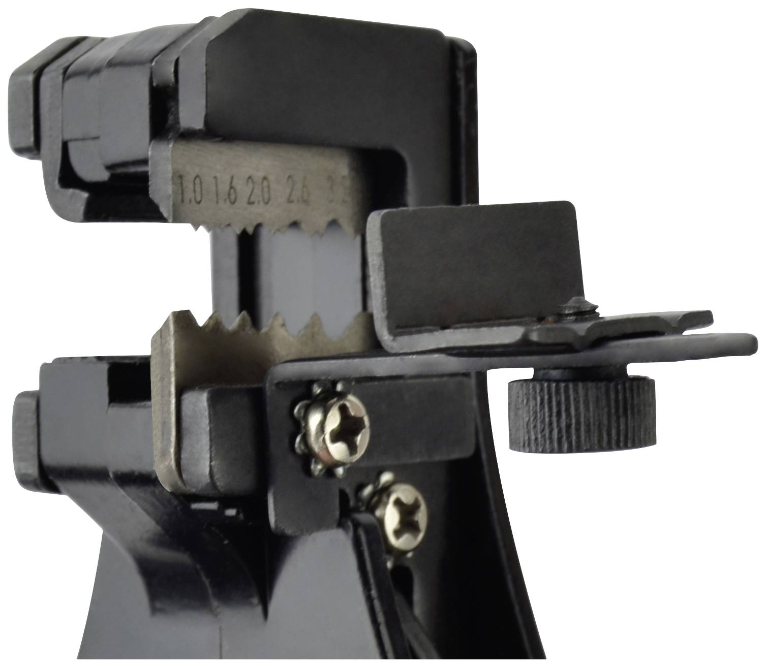 Close-up of a black cable stripping tool, with visible gears and screws.