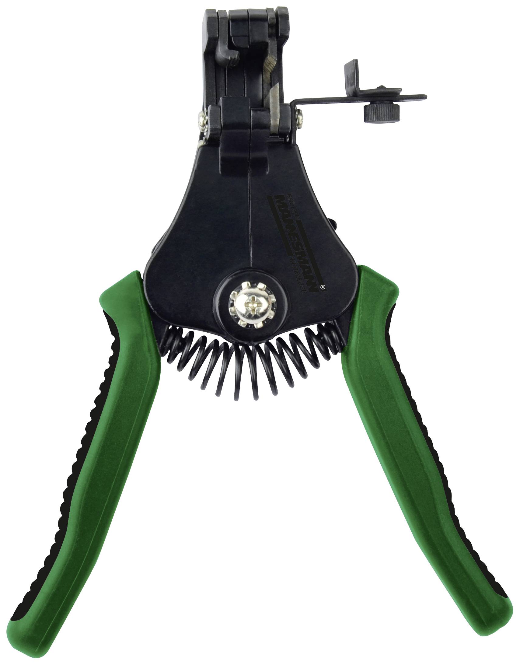 Garden tool with green handles and metal clips, used for cutting or gripping plants.