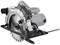 Circular saw with a silver casing and black handle, mounted on a black base.