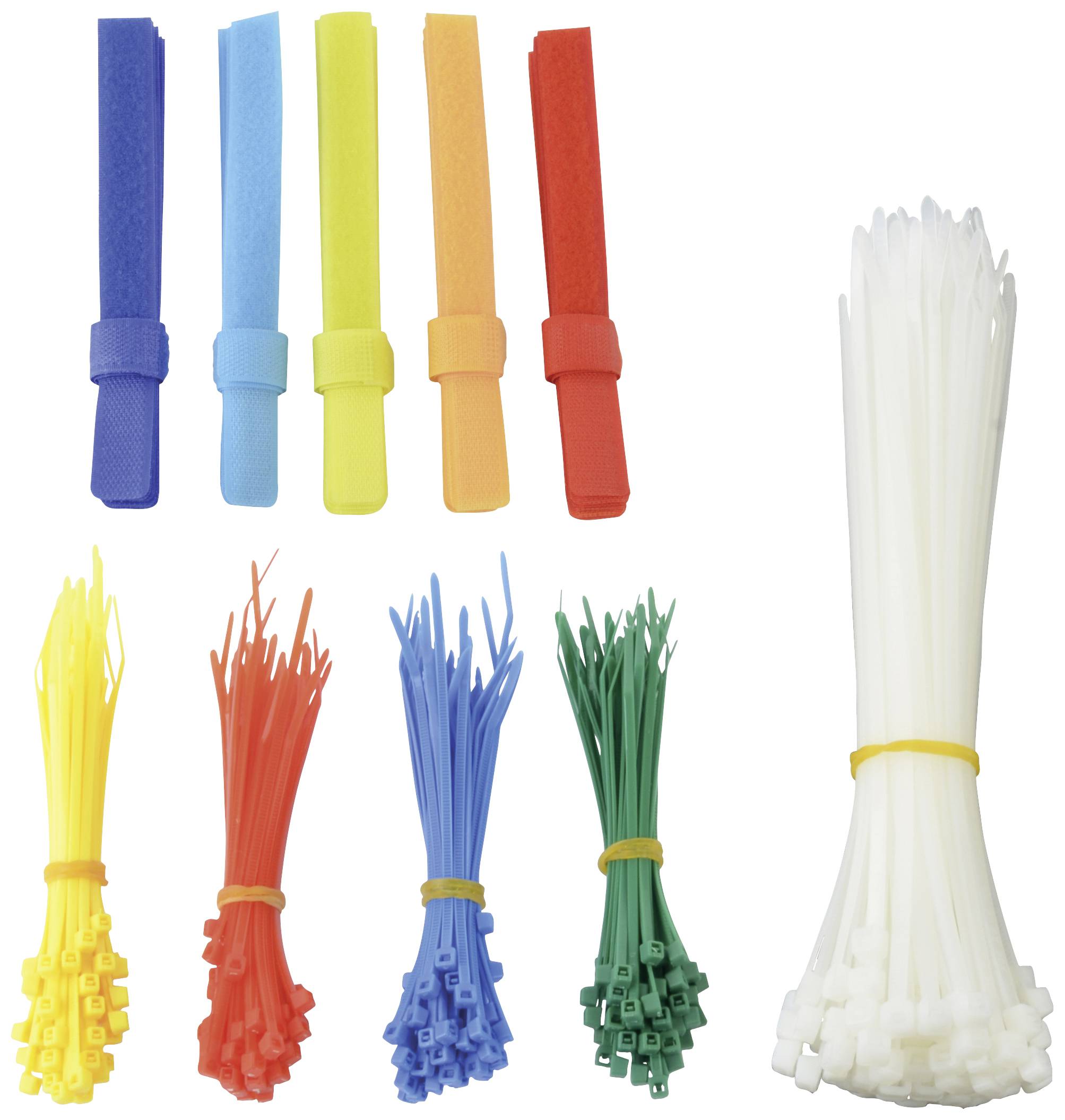 A set of colourful cable ties in blue, yellow, orange, red and green in various shapes and lengths, some sorted in bundles.