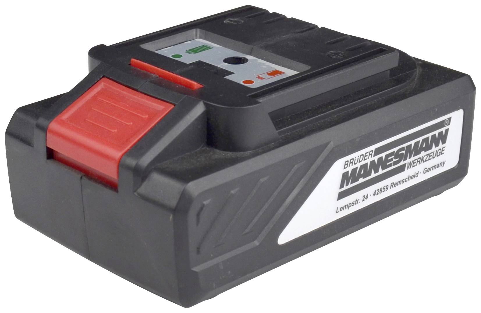 A battery pack by Brüder Mannesmann with a red sliding button and battery level indicator.