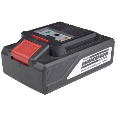 A battery pack by Brüder Mannesmann with a red sliding button and battery level indicator.