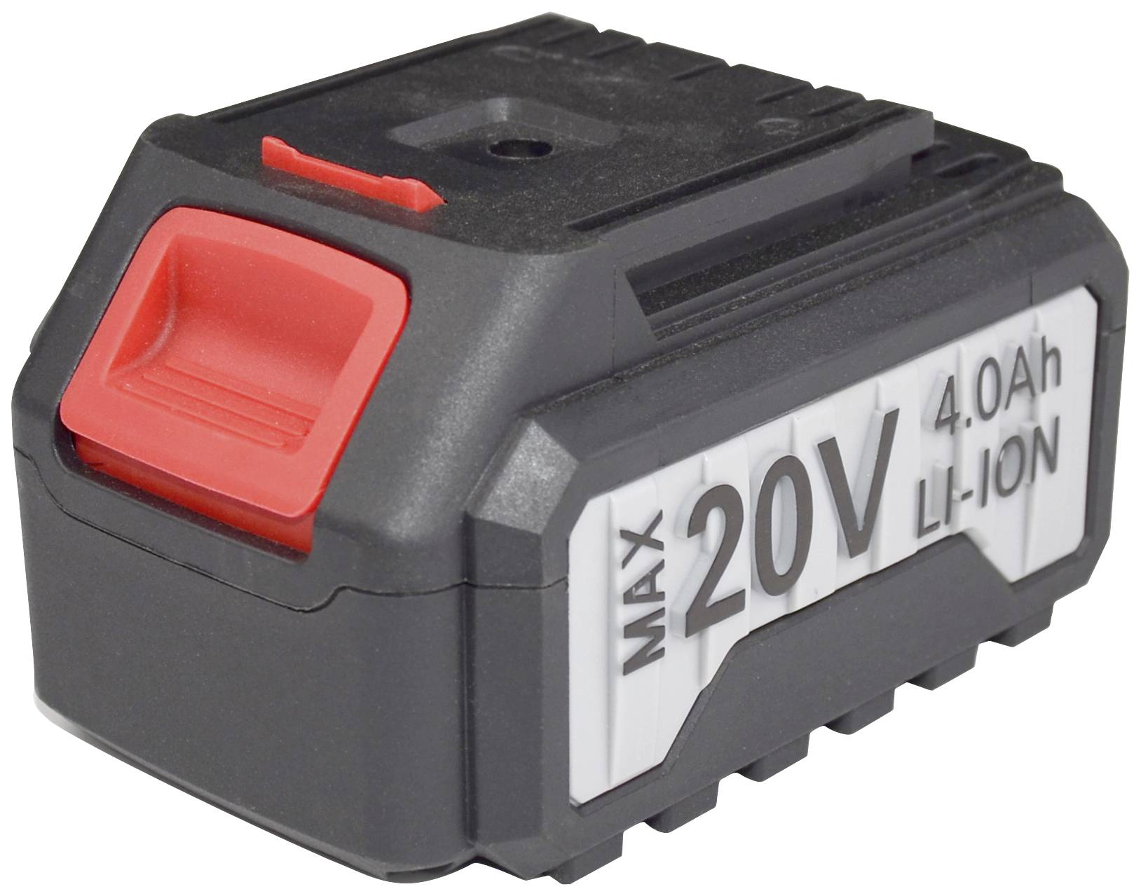 'Black battery pack with red cap, labelled: Max 20V 4.0Ah Li-Ion.'