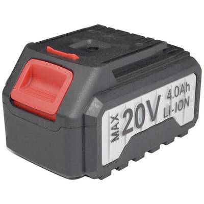 'Black battery pack with red cap, labelled: Max 20V 4.0Ah Li-Ion.'