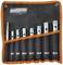 A set of eight silver tubular spanners in a black fabric pouch with an orange border, marked with metric sizes.
