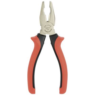 The image depicts a red combination pliers with black handles, suitable for use in a workshop or for DIY projects.