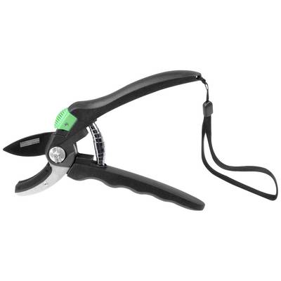 Garden shears with ergonomic black handles and a green safety lock, with a carrying loop at the end of the handle.