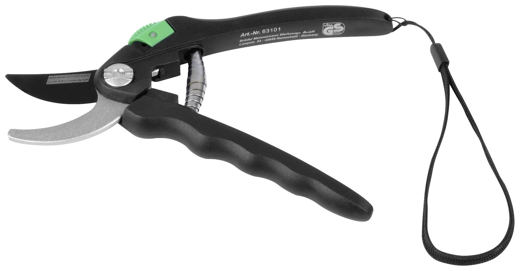 Garden secateurs with an ergonomic handle and hand loop, black with green detail, on a white background.