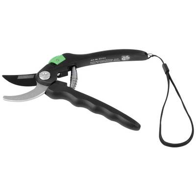 Garden secateurs with an ergonomic handle and hand loop, black with green detail, on a white background.