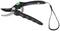 Garden secateurs with an ergonomic handle and hand loop, black with green detail, on a white background.
