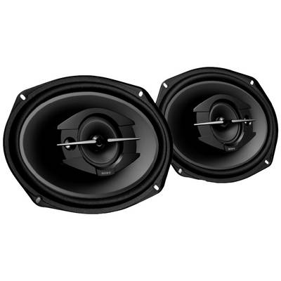 Two black speakers with an oval design. Marking on the inside shows 'Sony'. Suitable for audio systems in vehicles.