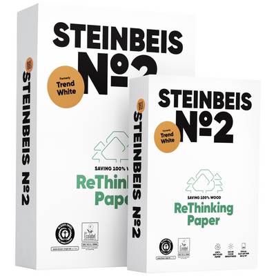 Two packages of Steinbeis paper. Label reads: 'Saving 100% wood, ReThinking Paper.' Environmentally friendly recycled paper, certified.