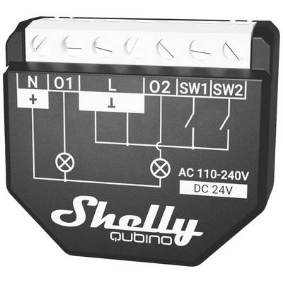 Black device with the inscription 'Shelly Qubino', showing electrical connection terminals and labels for AC 110-240V DC 24V.