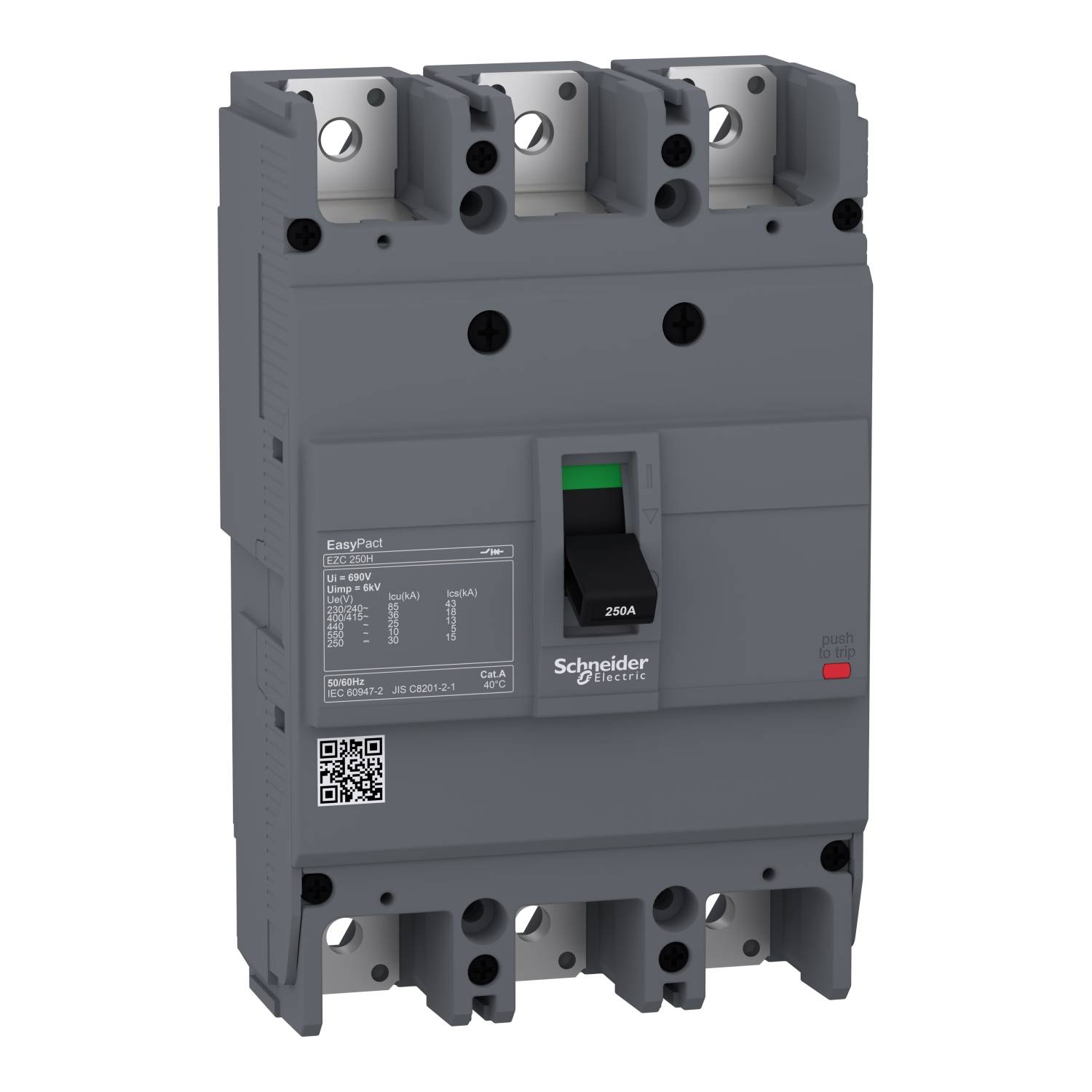 A three-pole Schneider Electric performance switch with a rotary selector, rated at 250 A, suitable for commercial use.