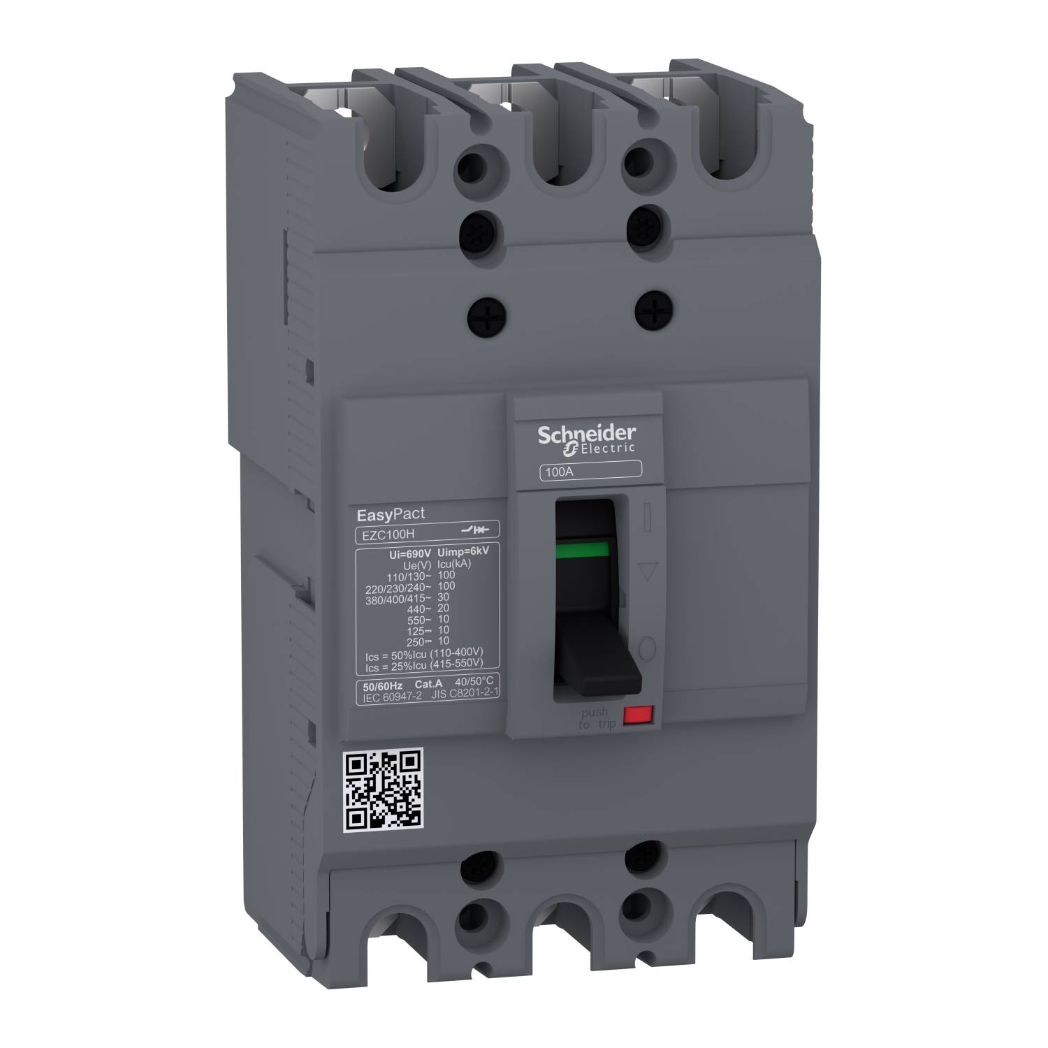 Schneider Electric circuit breaker, EasyPact EZC100F model, grey, with operating lever and technical specifications printed.