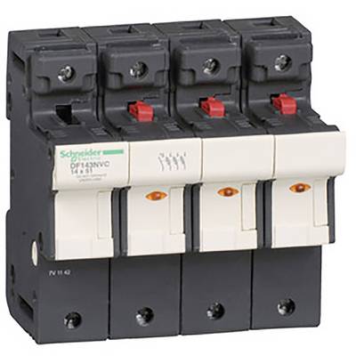 A black and white, four-pole circuit breaker with red and black switches for electrical safety.
