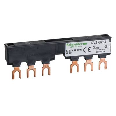 'Schneider Electric' circuit breaker accessories with five copper connections, shaped for electrical connection and protection.
