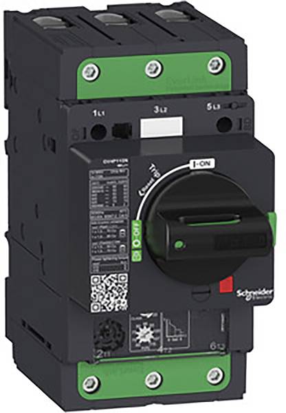 'Schneider Electric circuit breaker with green switch button in ON position; technical specifications visible; suitable for electrical protection.'