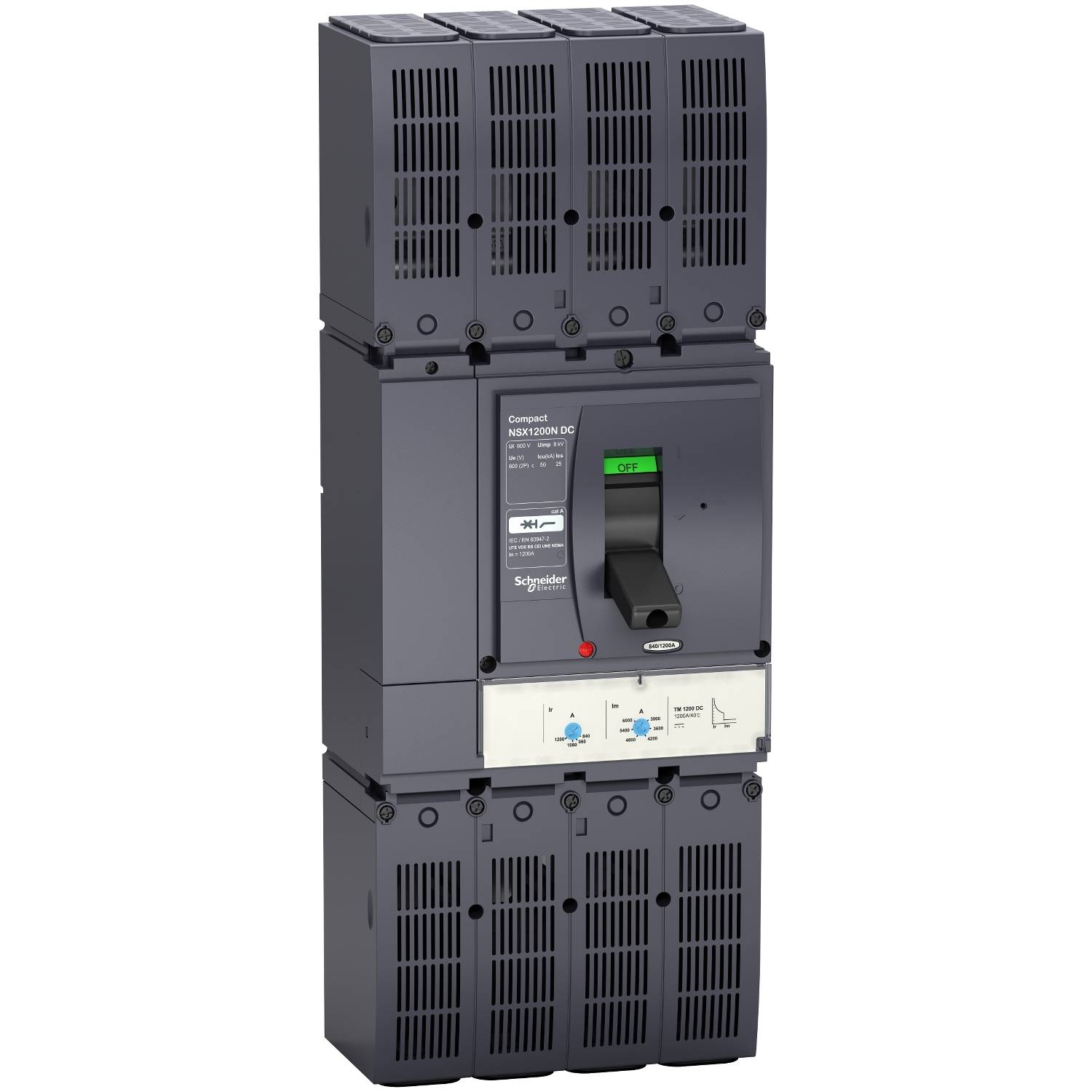 A modern circuit breaker with a digital display for controlling and monitoring electrical currents in electrical control cabinets.