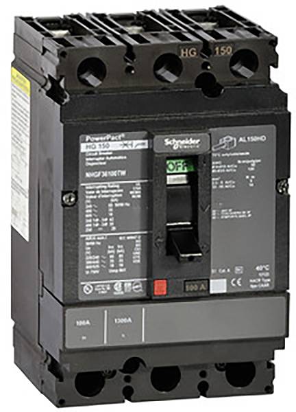 Schneider Electric PowerPact circuit breaker with a black housing, operating information and specifications on the front panel.