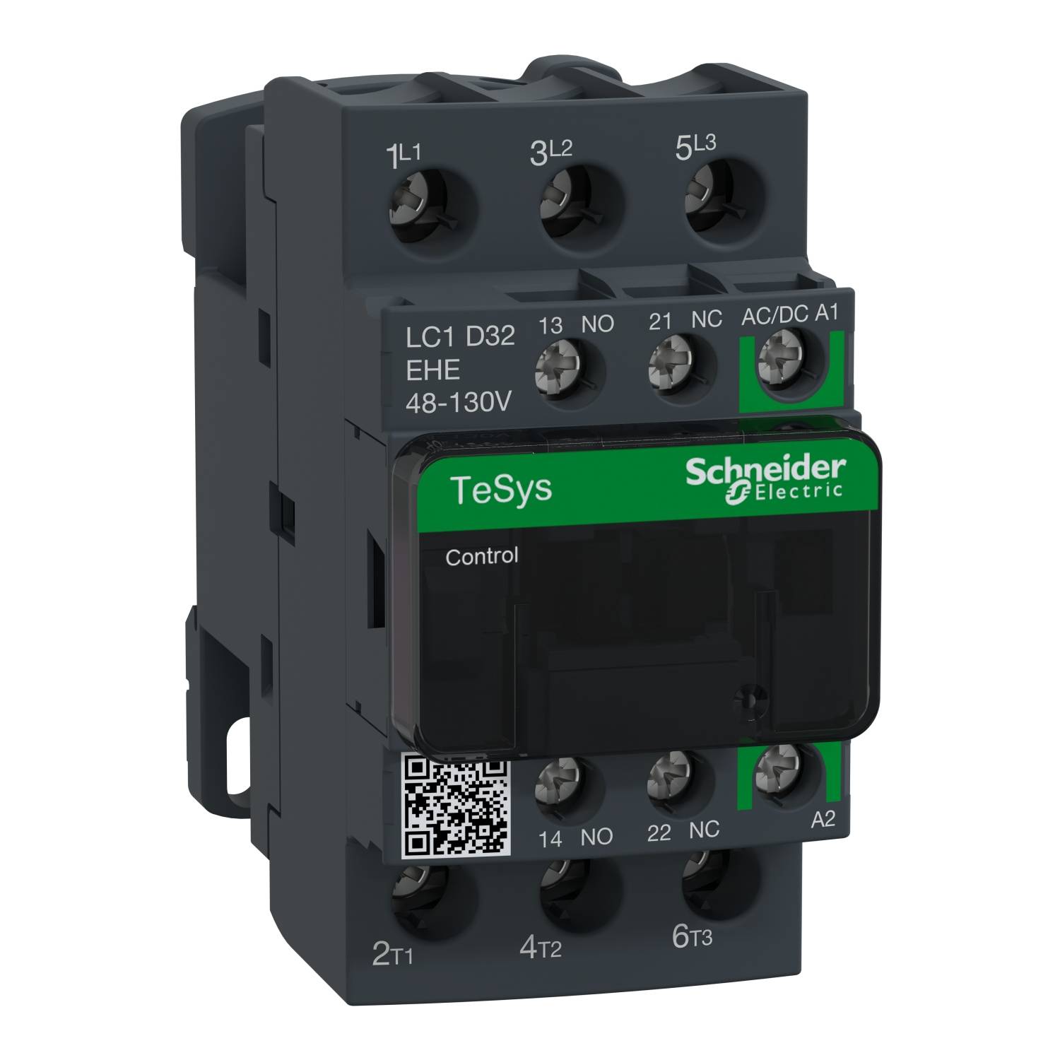 Industrial contactor Schneider Electric TeSys LC1 D32 for control and switching applications, showing connections and voltage specifications.