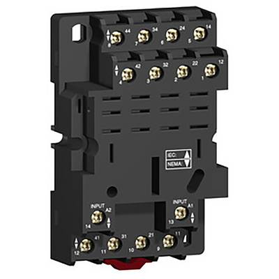 A black electrical socket with multiple numbered terminals and metal contacts, for mounting electrical components.