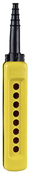Yellow control unit with seven red buttons in a vertical arrangement. A black handle at the top.