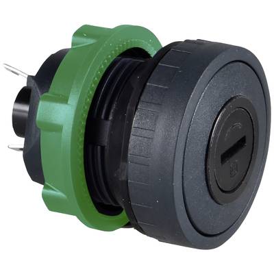 A green round switch with a black rotary knob, used for industrial applications.