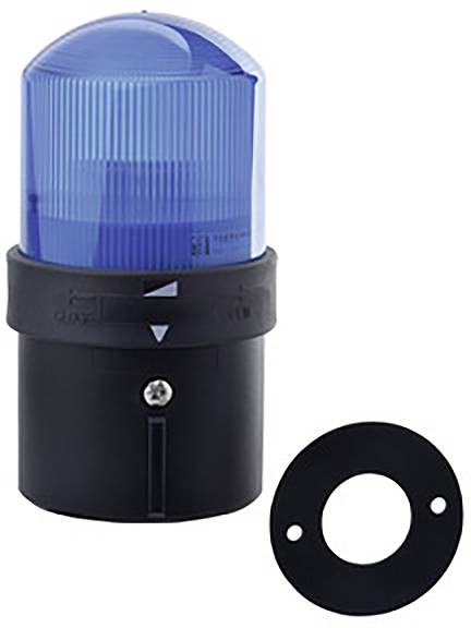 Blue warning beacon with black base and removable mounting bracket. Used for emergency situations or warning signals.