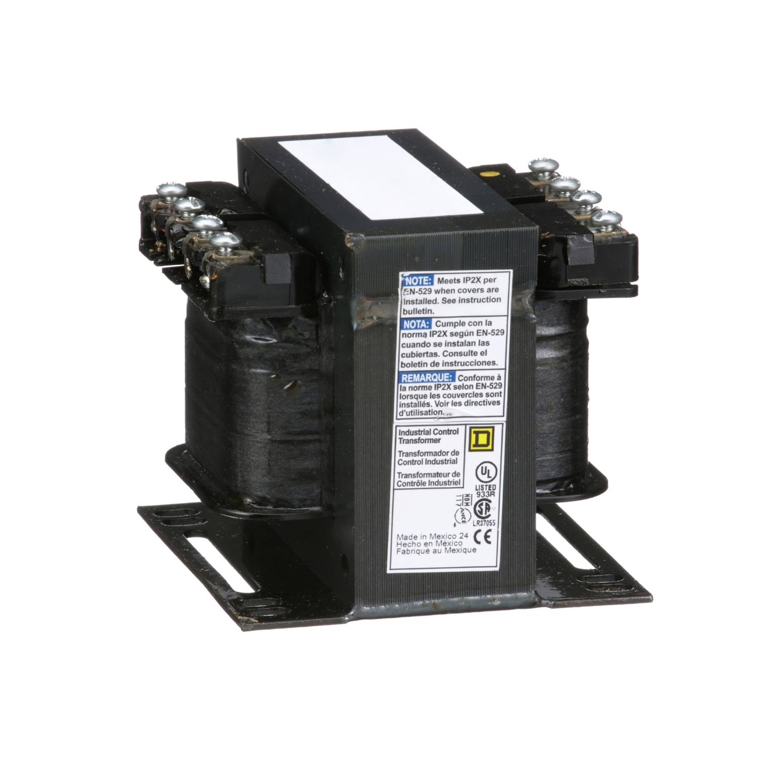 Industrial transformer in a black housing with multiple connections and labels on the front panel.