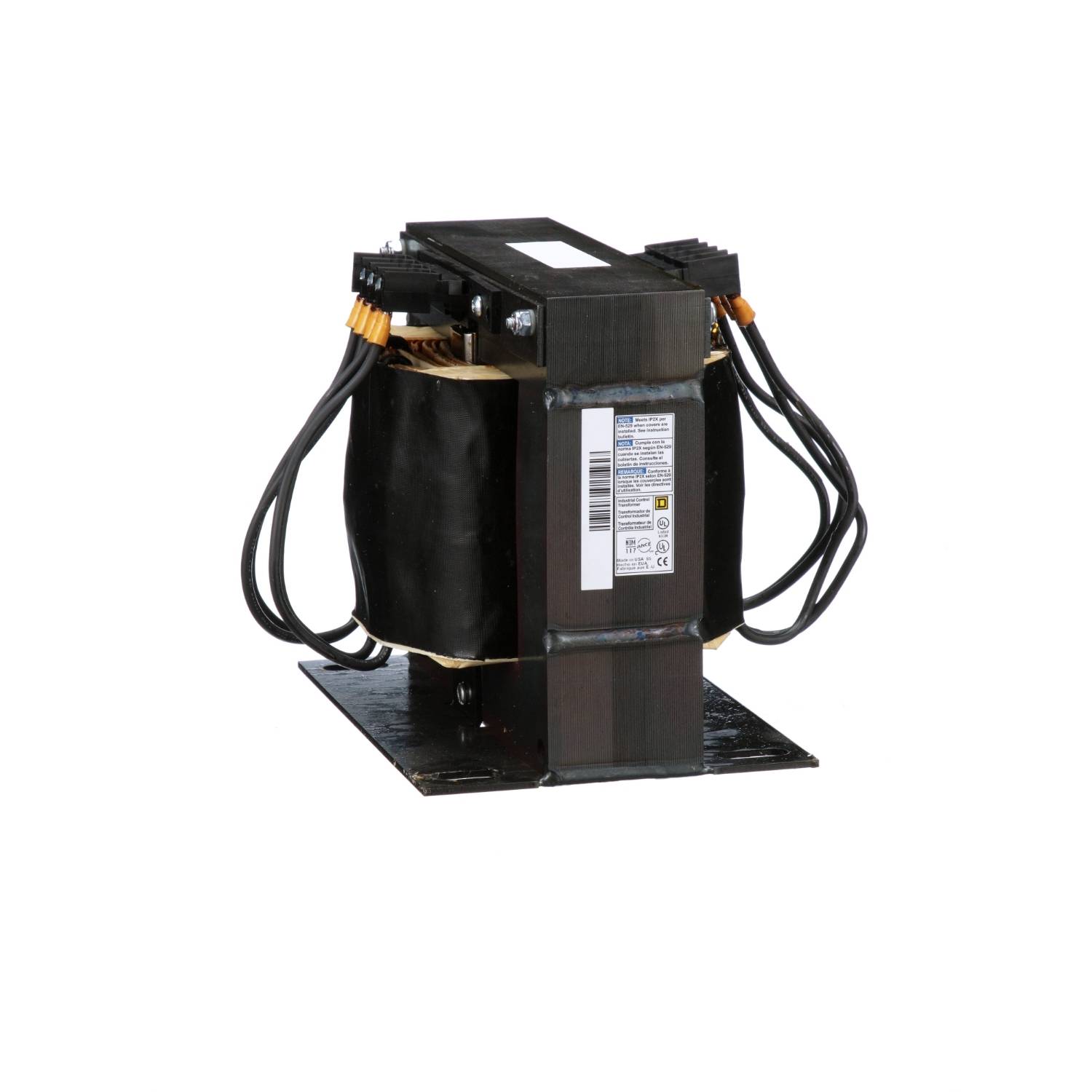 An electrical transformer in a square configuration with multiple cables; used for converting voltages.