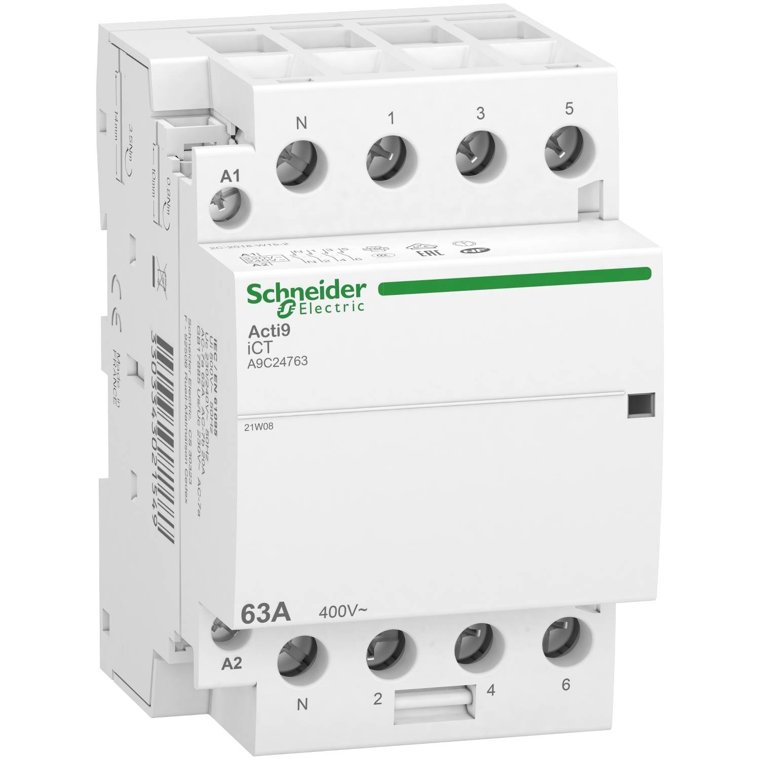 'Schneider Electric Acti9 ICT', white electrical switching device with multiple connection terminals, suitable for 63A at 400V.