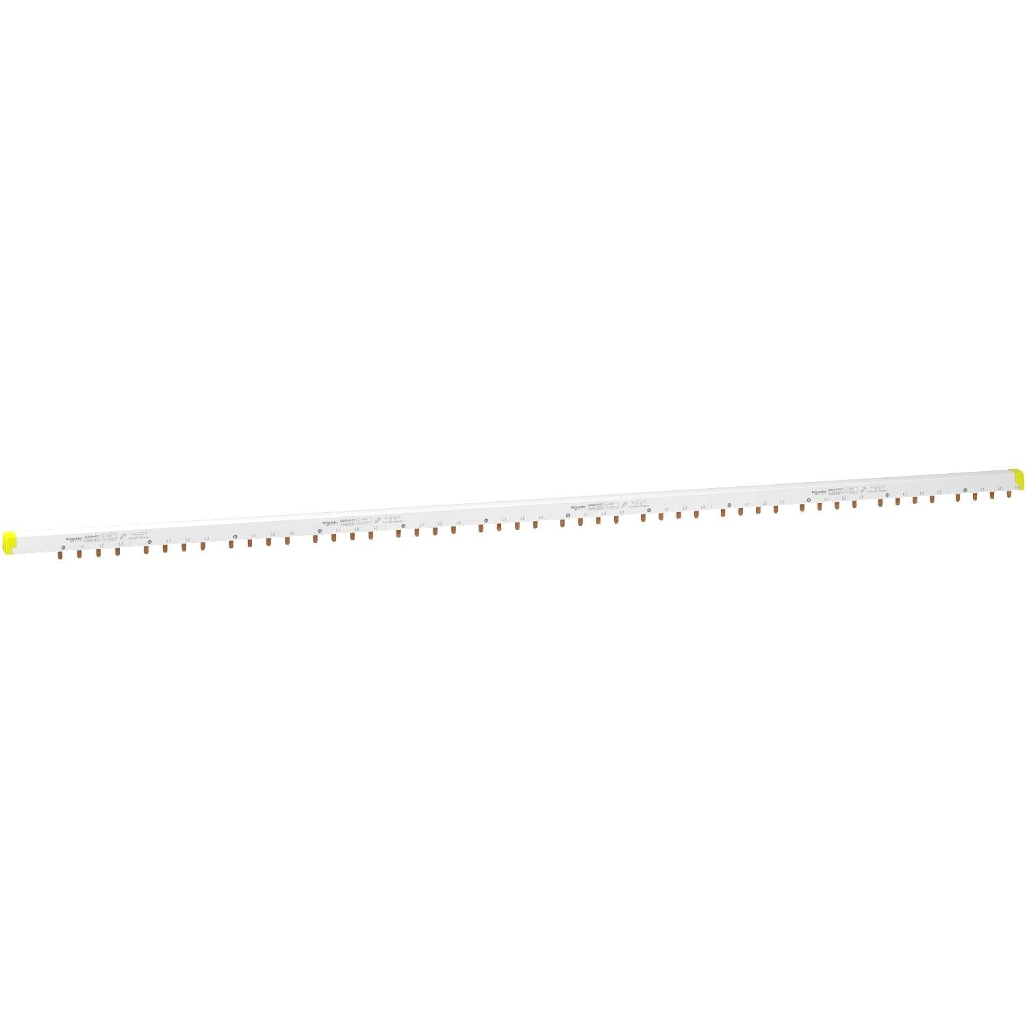 A white cane with yellow ends and small, evenly spaced markings along its length.