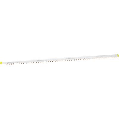 A white cane with yellow ends and small, evenly spaced markings along its length.