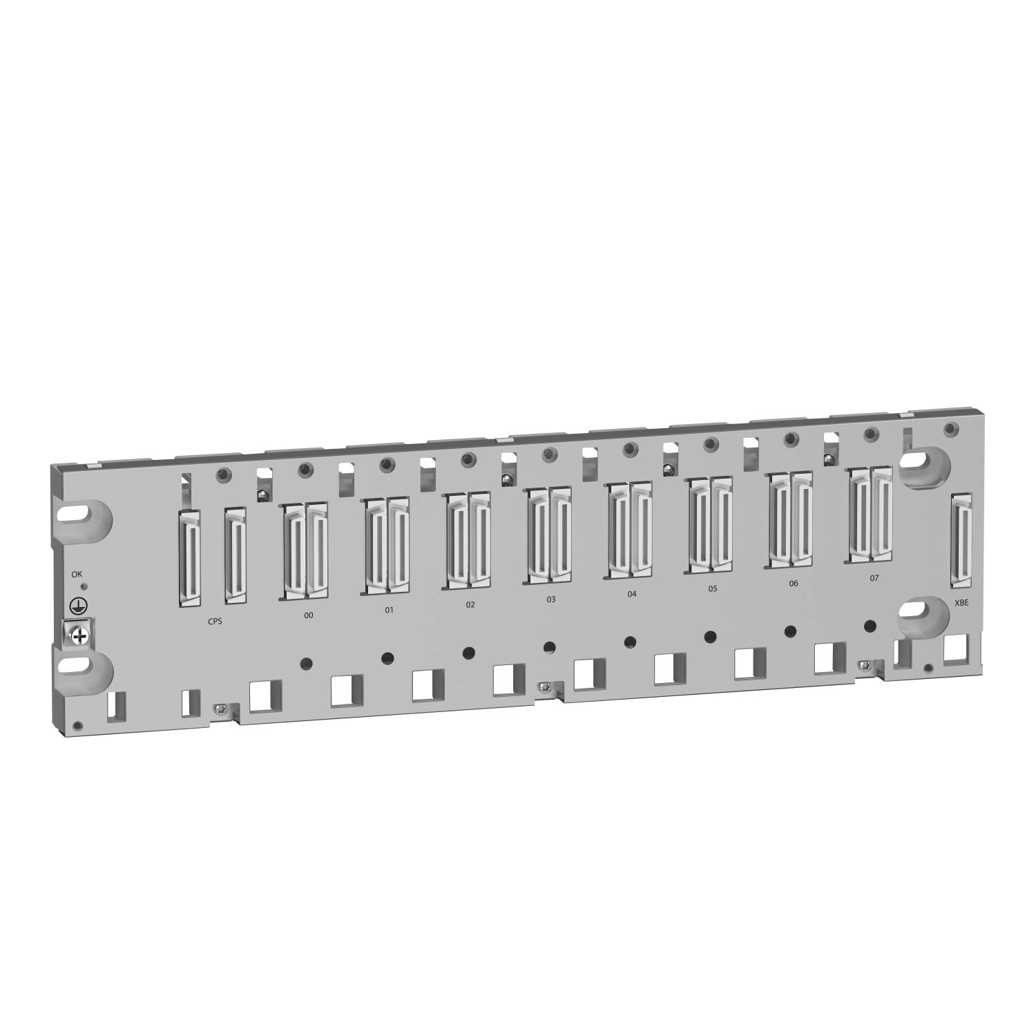 Metal rail with eight vertical slots, labelled from left to right: CPS, PILOT, M1 to M6, for accommodating modules.