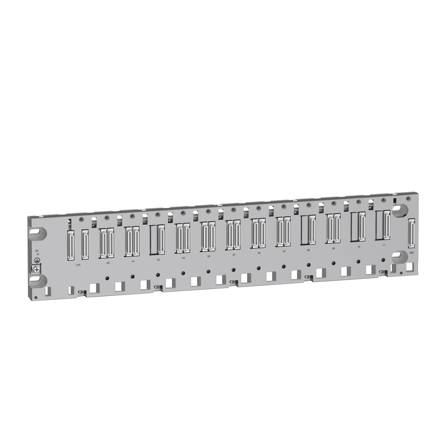 Metal plate with several rectangular cutouts, symmetrically distributed along its length, likely for electronic or mechanical specialist applications.