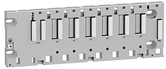 A grey rack with multiple slots for mounting electrical components, suitable for industrial applications.