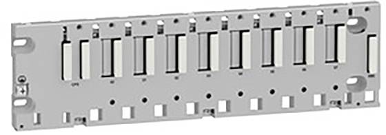 A grey metal mounting bracket with multiple rectangular cutouts and fixing holes, used for installation in technical equipment.