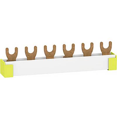 A white holder with yellow ends, which supports five brown, fork-headed tools vertically.