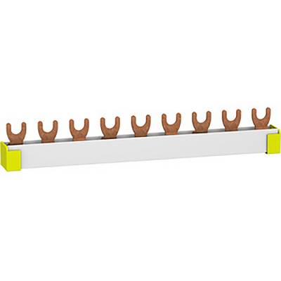A metallic current rail with eight copper fork contacts, in a white holder with yellow caps at the ends.