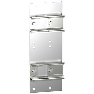 Metal mounting bracket with multiple holes and screw mounts for installation. It is made of silver metal with two vertical rails.