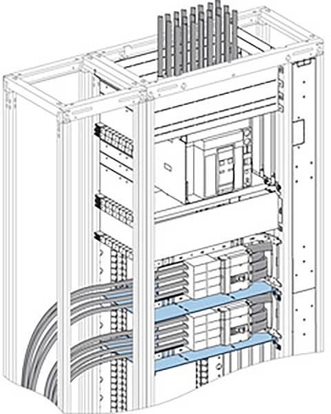 Diagram of an electrical control cabinet, showing cable routes, various electronic components and connections, perspective view.